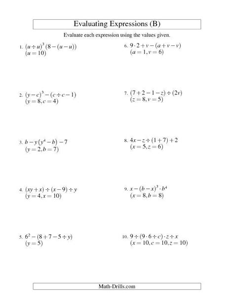 Expressions Worksheet 6th Grade