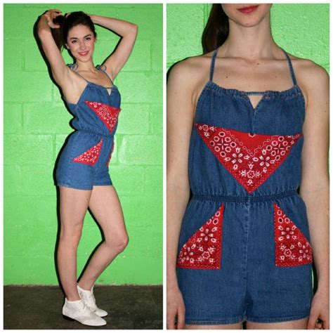 Vintage Cowgirl Romper 70s Chambray Jumper Handkerchief Bandana Red