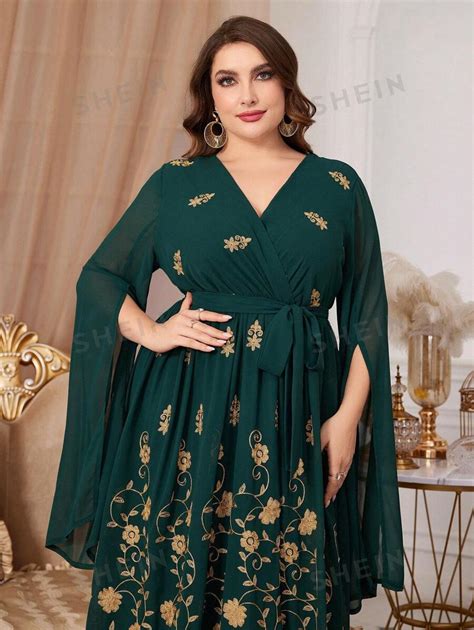 Shein Najma Plus Size Arabic Clothing V Neck Side Slit Long Dress