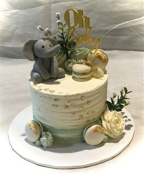 Buttercream Baby Shower Cake Elephant Sage Gold Cream In