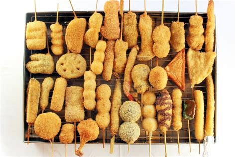 A Selection Of Kushikatsu Deep Fried Skewered Meat And Vegetables