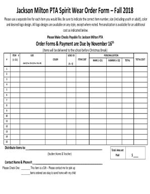 Fillable Online Jackson Milton Pta Spirit Wear Order Form Fall Fax