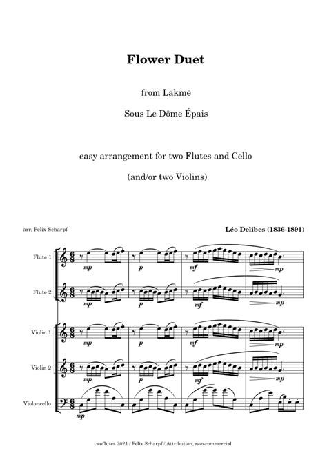 Delibes Léo Flower Duet From Lakmé Easy Arr For Two Flutes And Cello Sheet Music For Flute