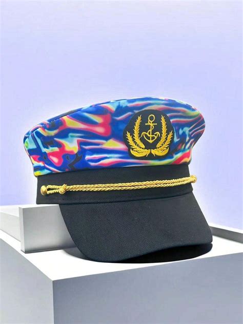 A Unisex Adjustable Blue Wavy Polyester Sailor Hat With Badge For Yacht