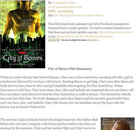 Sarahs Reviews Book Summaries Book Summary The City Of Bones The