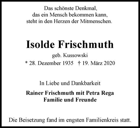 Traueranzeigen Von Isolde Frischmuth Trauer In Nrw De