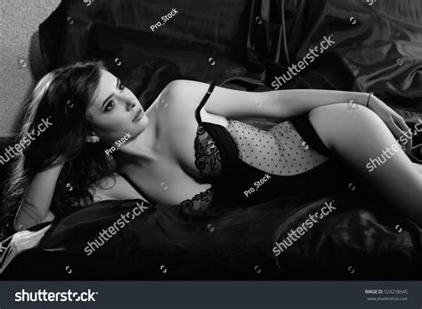 Gorgeous Sexy Girl Lingerie Black White Stock Photo