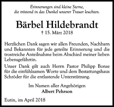 Traueranzeigen von Bärbel Hildebrandt sh z Trauer