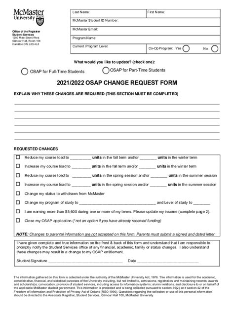 Fillable Online 2021 2022 OSAP CHANGE REQUEST FORM Registrar Mcmaster