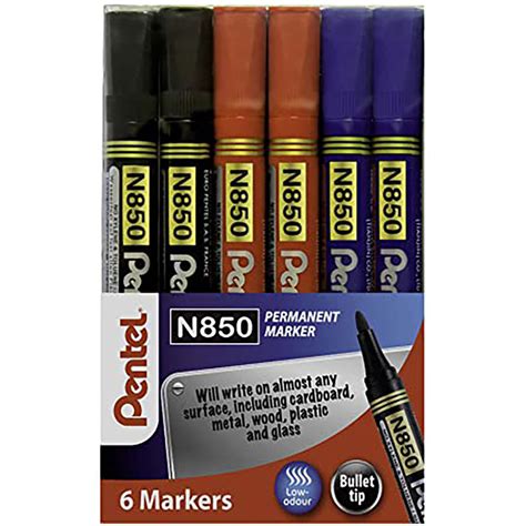 Pentel N850 Permanent Marker Bullet Tip Assorted Colours Pack Of 6