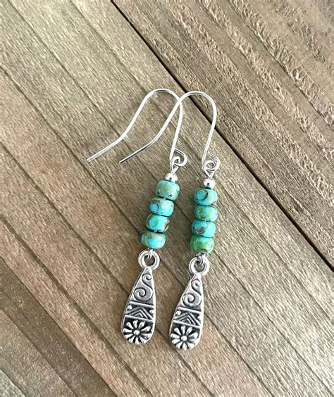 Dangling Silver Earrings, Dainty Turquoise Picasso Seed Bead Earrings