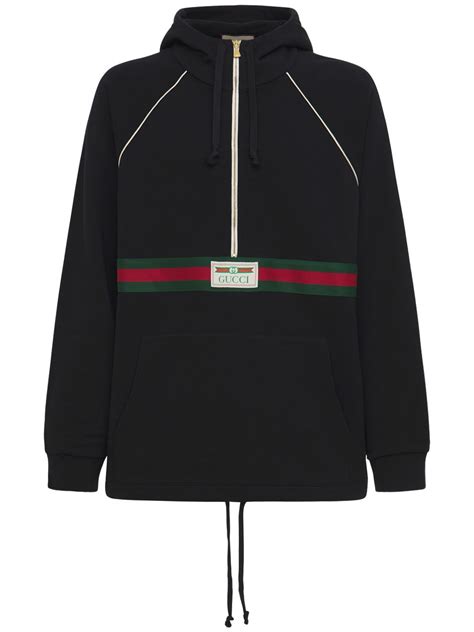 Gucci Logo Web Half Zip Cotton Jersey Hoodie In Black Modesens