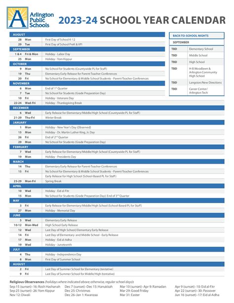 Arlington Public Schools Calendar 2024 [Holiday Breaks]