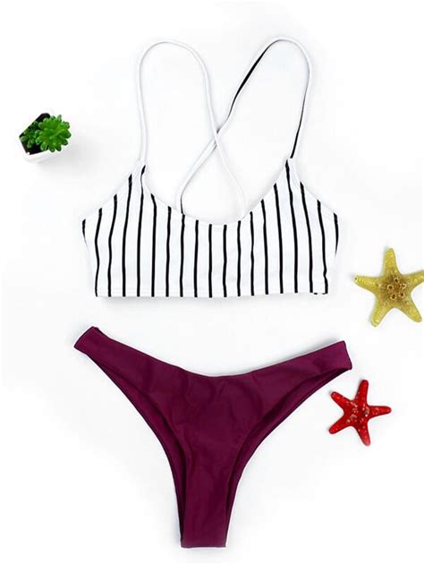 Striped Cross Back Bikini Swimsuit Shein Usa