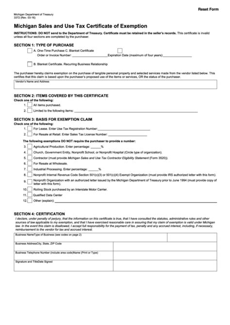 Fillable Form Michigan Sales And Use Tax Certificate Of