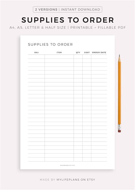 Supplies To Order Tracker Printable Supplies Management Form Etsy