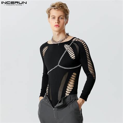 INCERUN Body De Malla Transparente Para Hombre Mono De Manga Larga Con