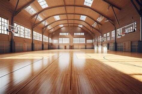 Premium Ai Image A Basketball Court With A Wooden Ceiling And A Large Window