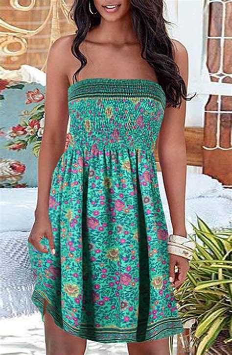 Qegartop Summer Dresses For Women Beach Cover Ups Strapless Boho Floral