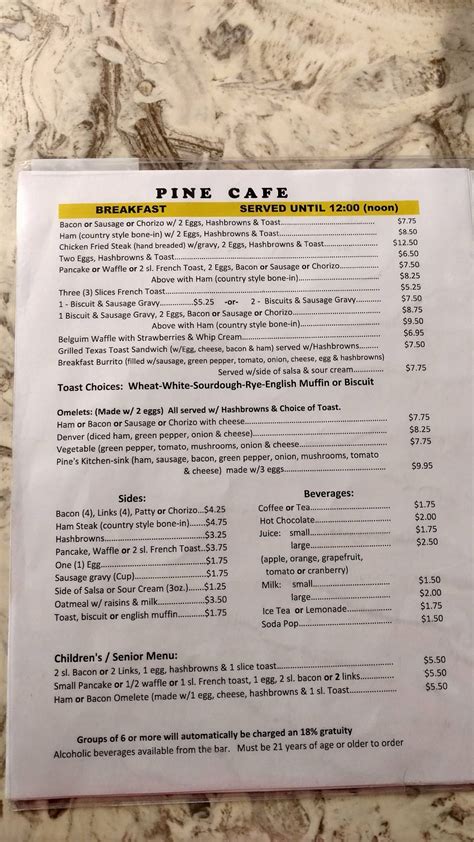 Menu at Pine Cafe, USA