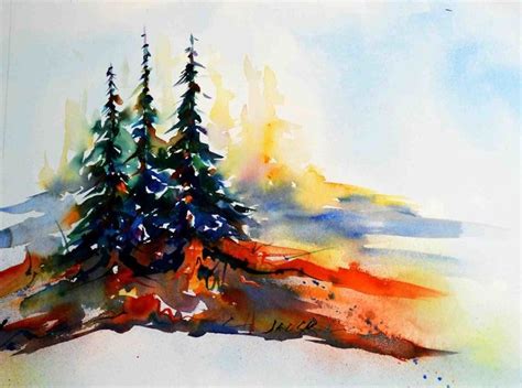 A Watercolor Painting Of Some Trees In The Snow