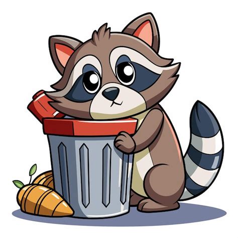 Cute Raccoon Dumpster Diving Cartoon Vector Drawing Premium Ai