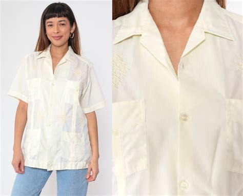 70s Guayabera Shirt Pale Yellow Embroidered Shirt Pin Gem