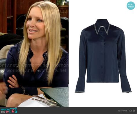 WornOnTV Christines Navy Blue Embellished Button Down Blouse On The