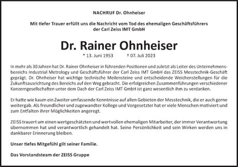 Traueranzeigen von Rainer Ohnheiser Südwest Presse Trauer