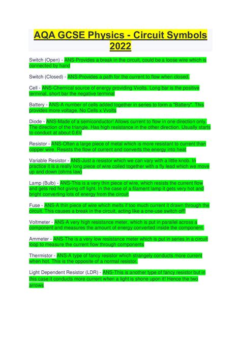 Aqa Gcse Physics Circuit Symbols 2022 Browsegrades
