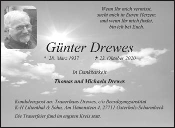 Traueranzeigen von Günter Drewes Trauer Gedenken