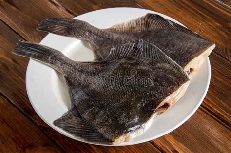 Solha Dos Peixes Crus Peixe Heterossomo Na Madeira Imagem De Stock