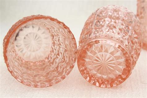 Jeannette Holiday Buttons And Bows Pattern Flat Tumblers Vintage Pink Depression Glass