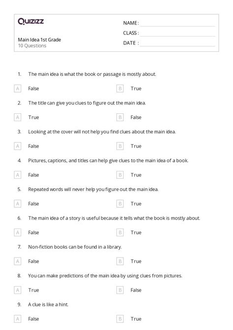 50 Identifying The Main Idea Worksheets For 1st Grade On Quizizz