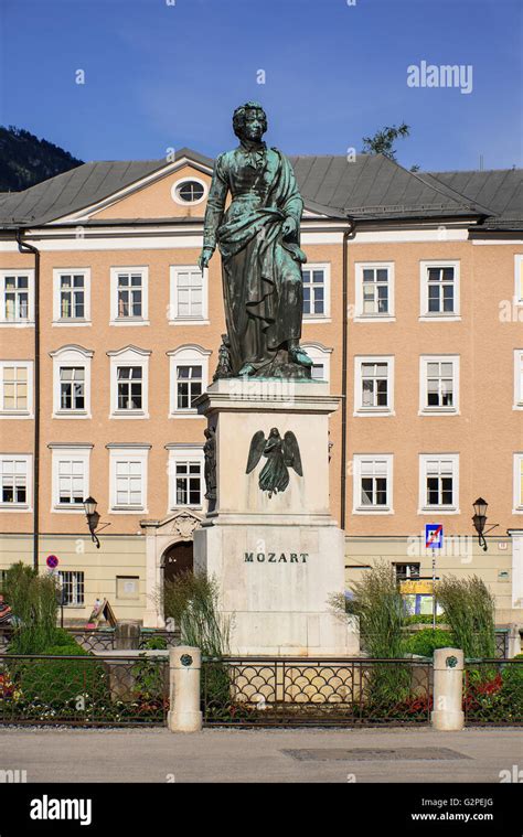 Austria Salzburg Mozartplatz Wolfgang Amadeus Mozart Statue Stock