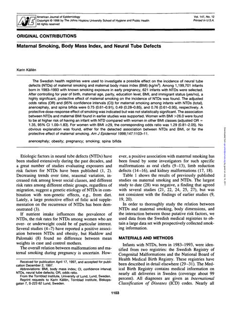 Pdf Maternal Smoking Body Mass Index And Neural Tube Defects