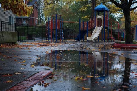 A Playground Featuring A Slide With A Puddle Of Water On A Rainy Day