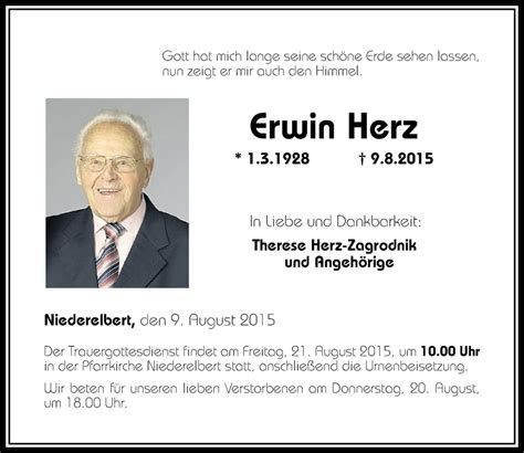 Traueranzeigen Von Erwin Herz Rz Trauer De