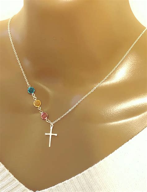 Gift For Mom Personalized Birthstone With Cross Necklace Etsy