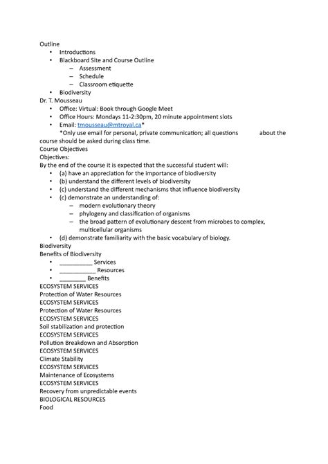 Biol Notes Lecture Outline Introductions Blackboard Site And