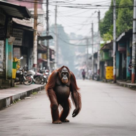 Premium AI Image | A large orangutan walking down a street with a sign ...