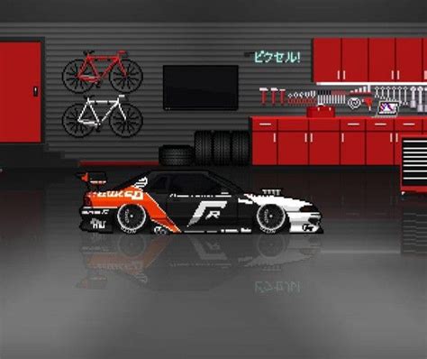 An Image Of A Car In A Garage With Other Cars On The Wall And Cabinets