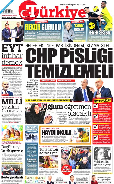 Türkiye Gazetesi Gazetesi 25 Kasım 2019 Pazartesi Medyafaresi