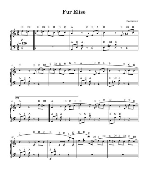 Fur Elise Easy Piano With Note Names By Beethoven Sheet Music For