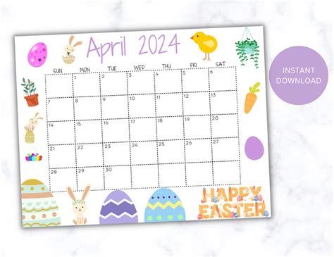 Editable April Calendar Printable Wall Calendar Easter Egg