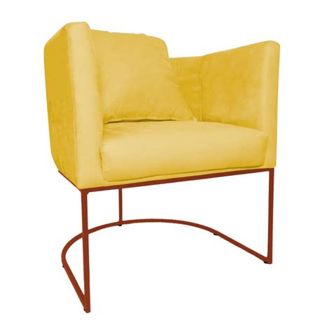 Poltrona Luaninha Base Metálica Cobre Suede Amarelo Vallisa Decor