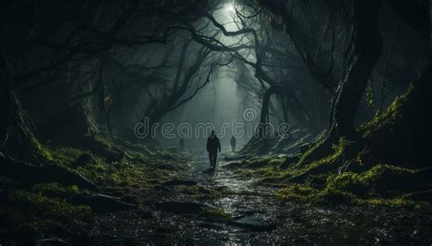 One Person Walking In Dark Forest Spooky Generated By Ai Stock