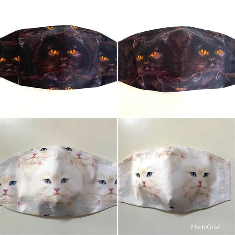 3 Layer Cat Face Mask, Halloween Cat Mask With Filter Pocket, Black / White Cat Mask With Nose ...