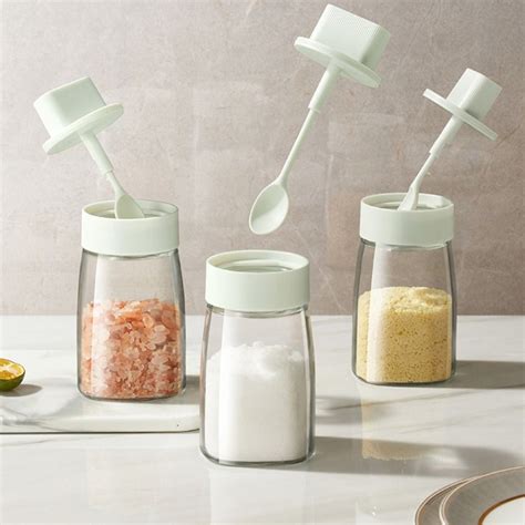 With Retractable Spoon Spice Dispenser Jar Airtight Seasoning Pot EBay