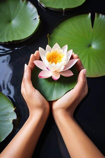 Womans Hands Holding Water Lily Or Lotus Flower Vesak Day Buddhist Lent